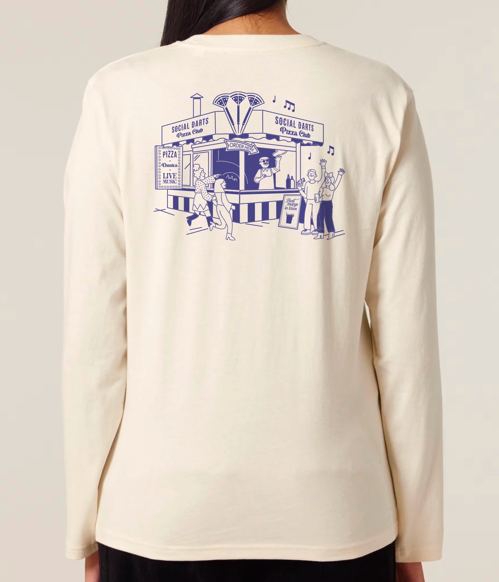 Vintage White Social Darts Pizza Club Long Sleeve Tee