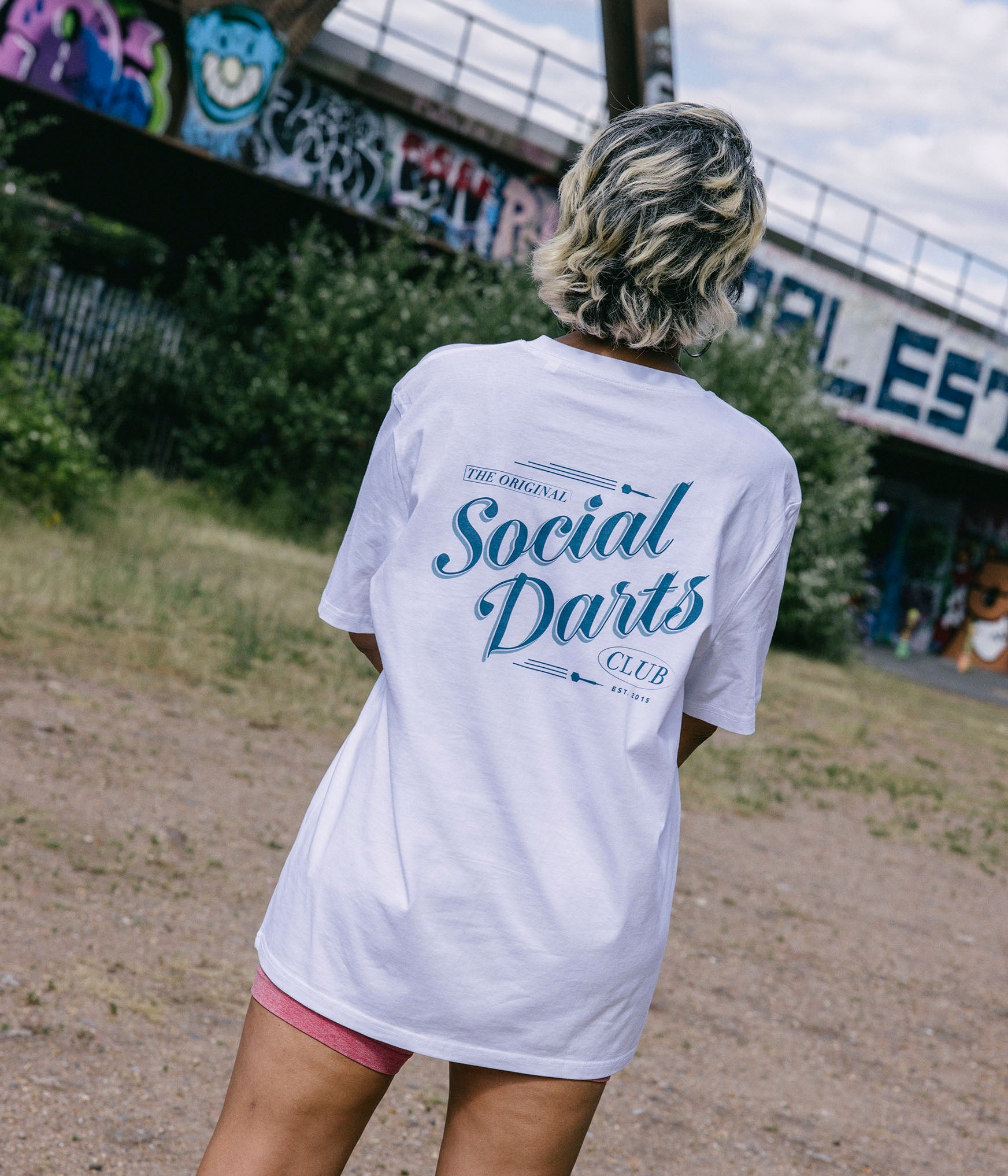 White Social Darts - Blue Design Tee