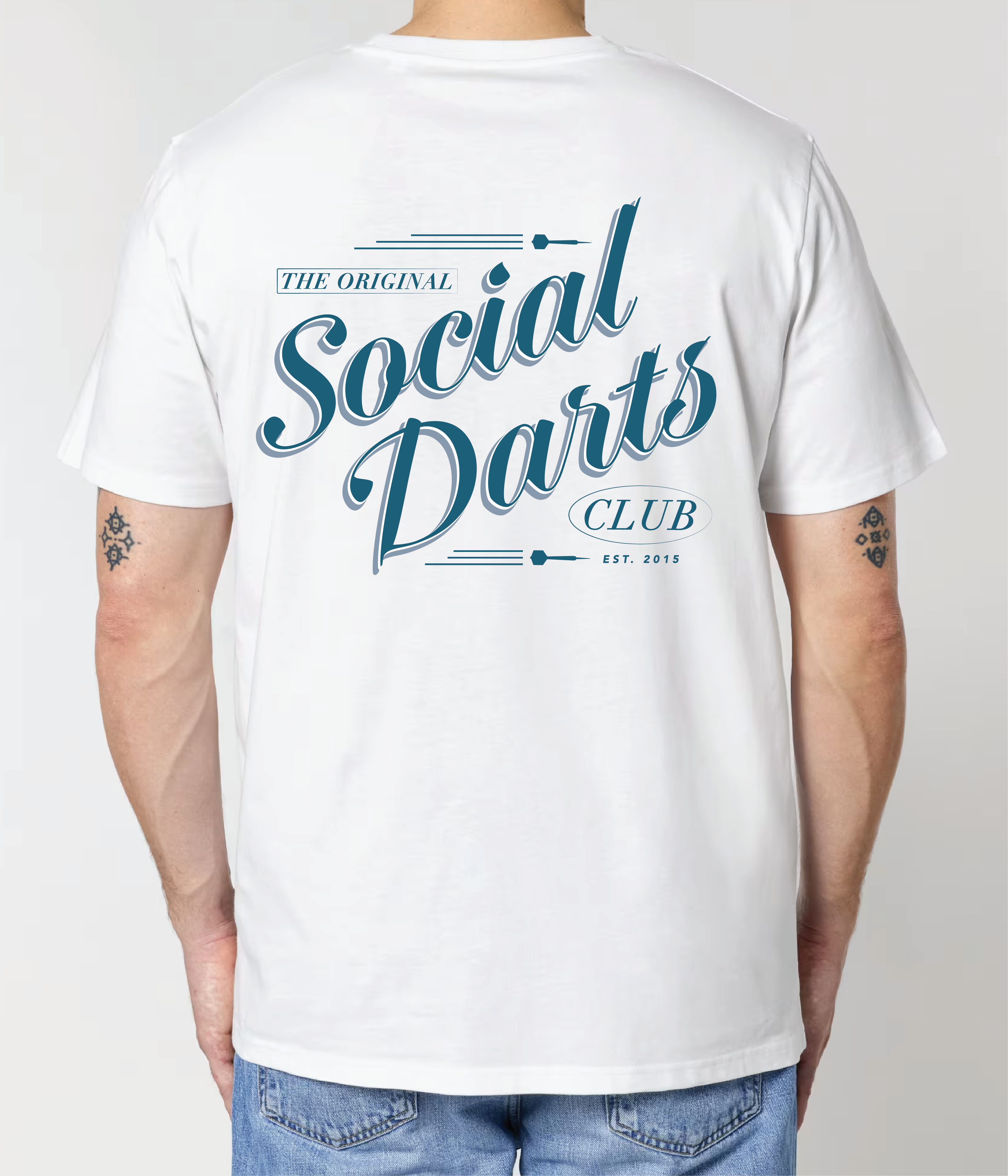 White Social Darts - Blue Design Tee