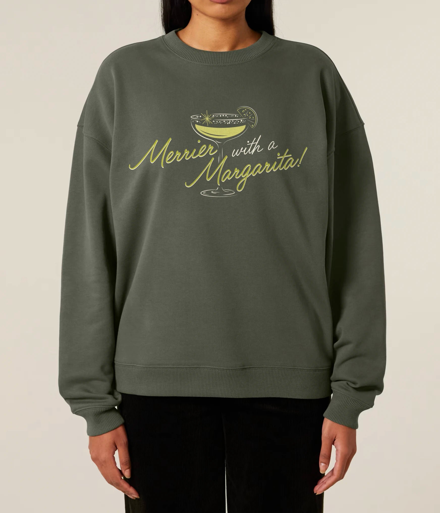 Merrier with a Margarita Illustration Christmas Jumper Khaki