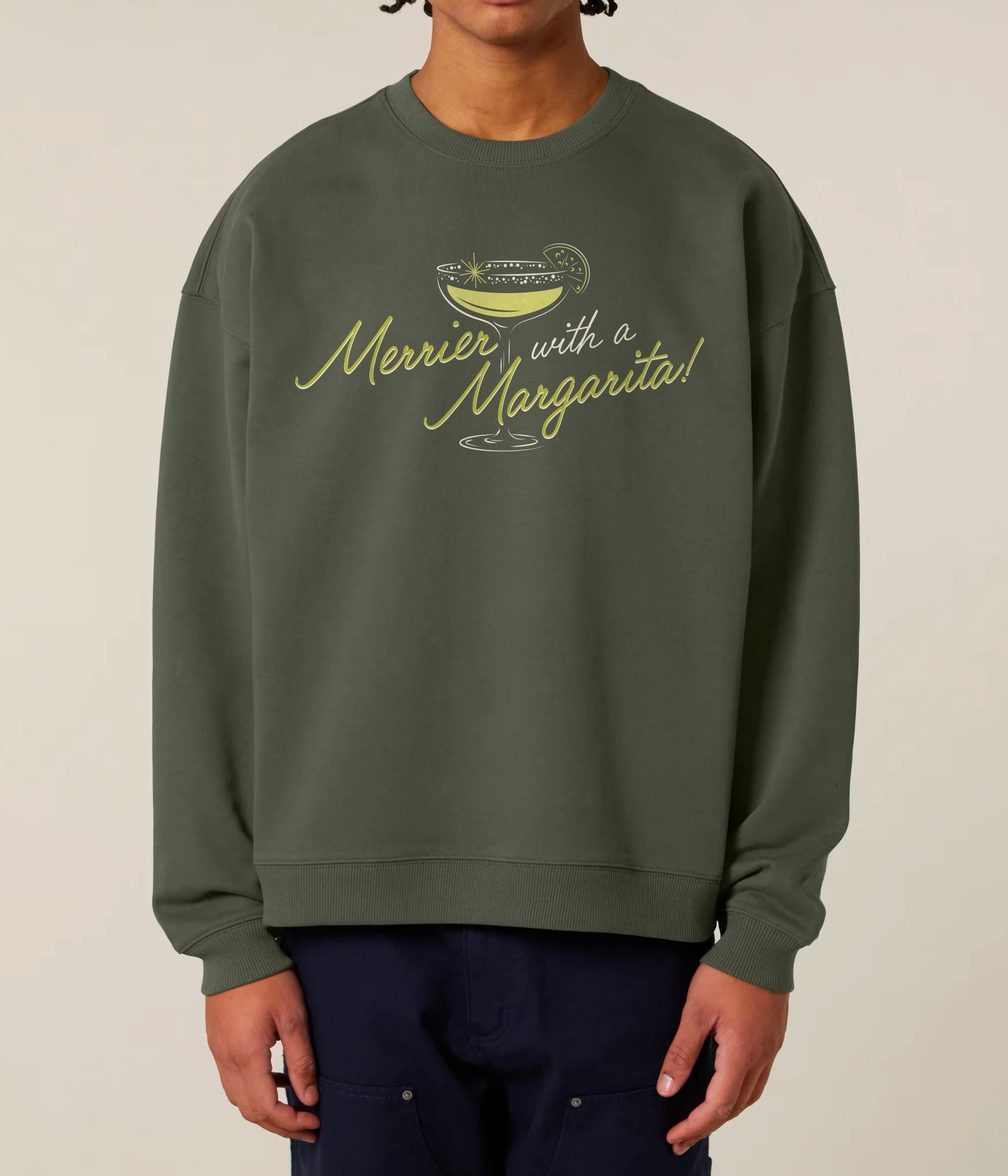 Merrier with a Margarita Illustration Christmas Jumper Khaki