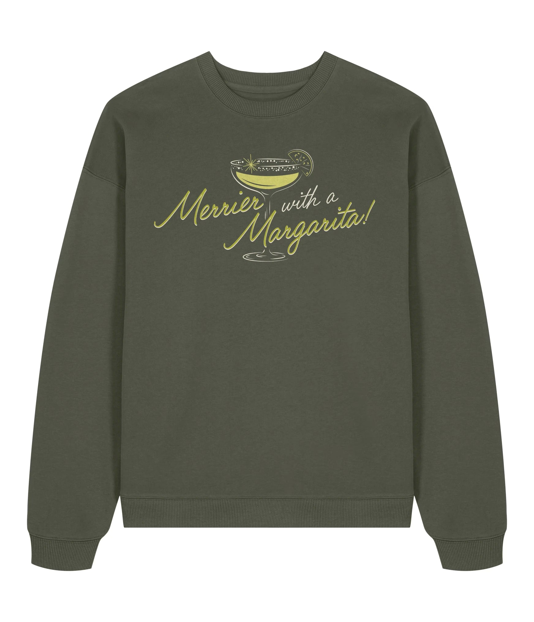 Merrier with a Margarita Illustration Christmas Jumper Khaki