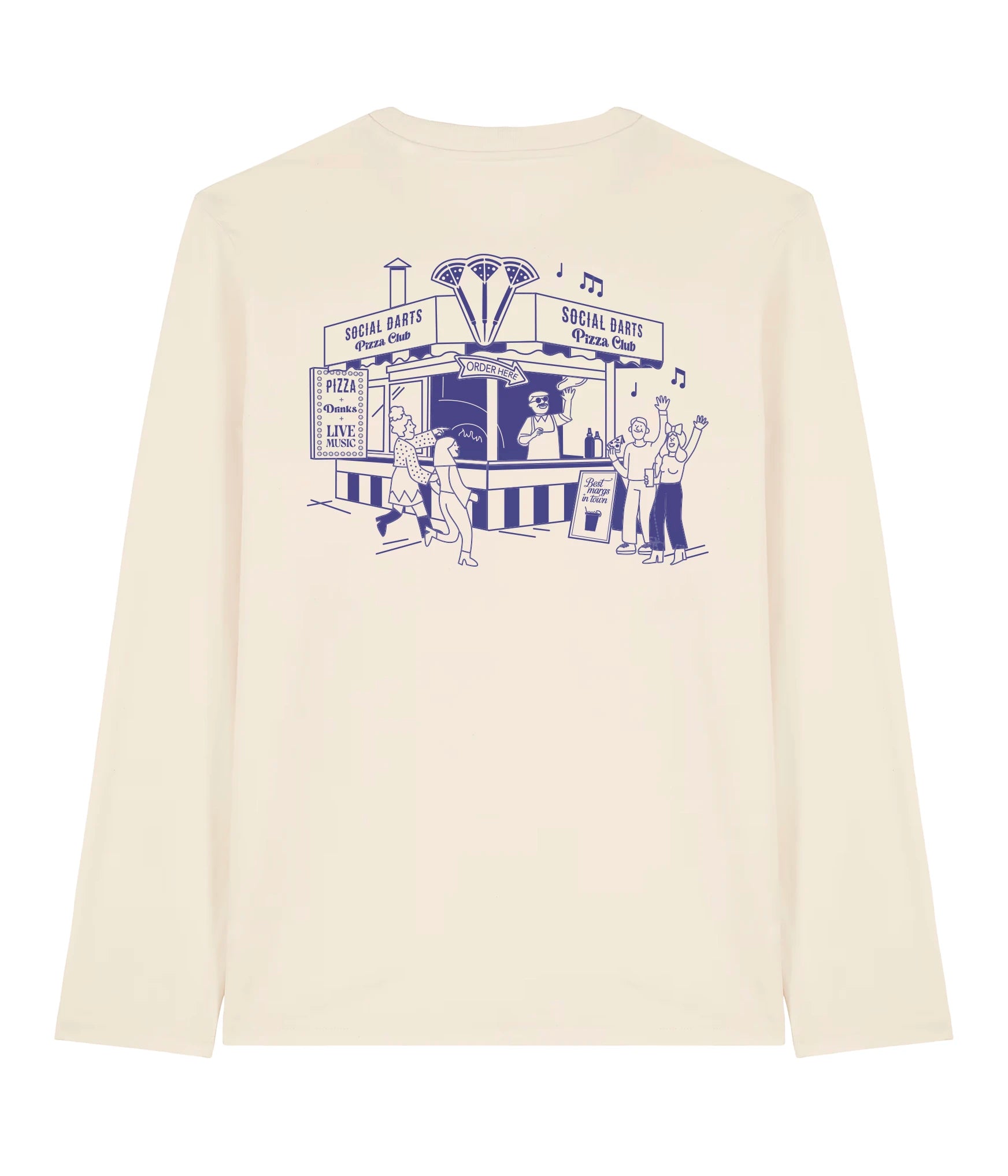 Vintage White Social Darts Pizza Club Long Sleeve Tee