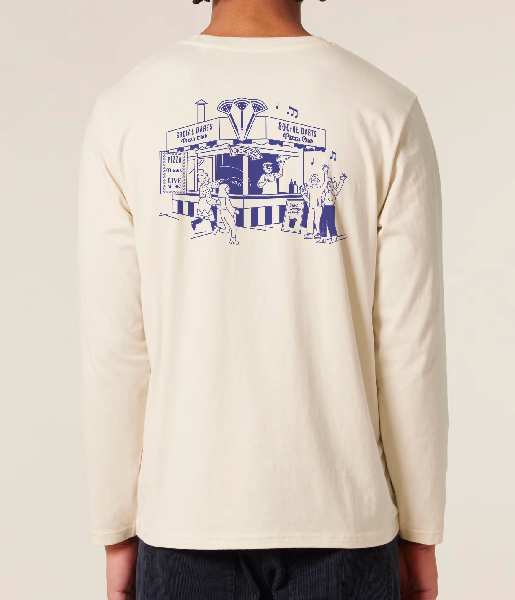 Vintage White Social Darts Pizza Club Long Sleeve Tee