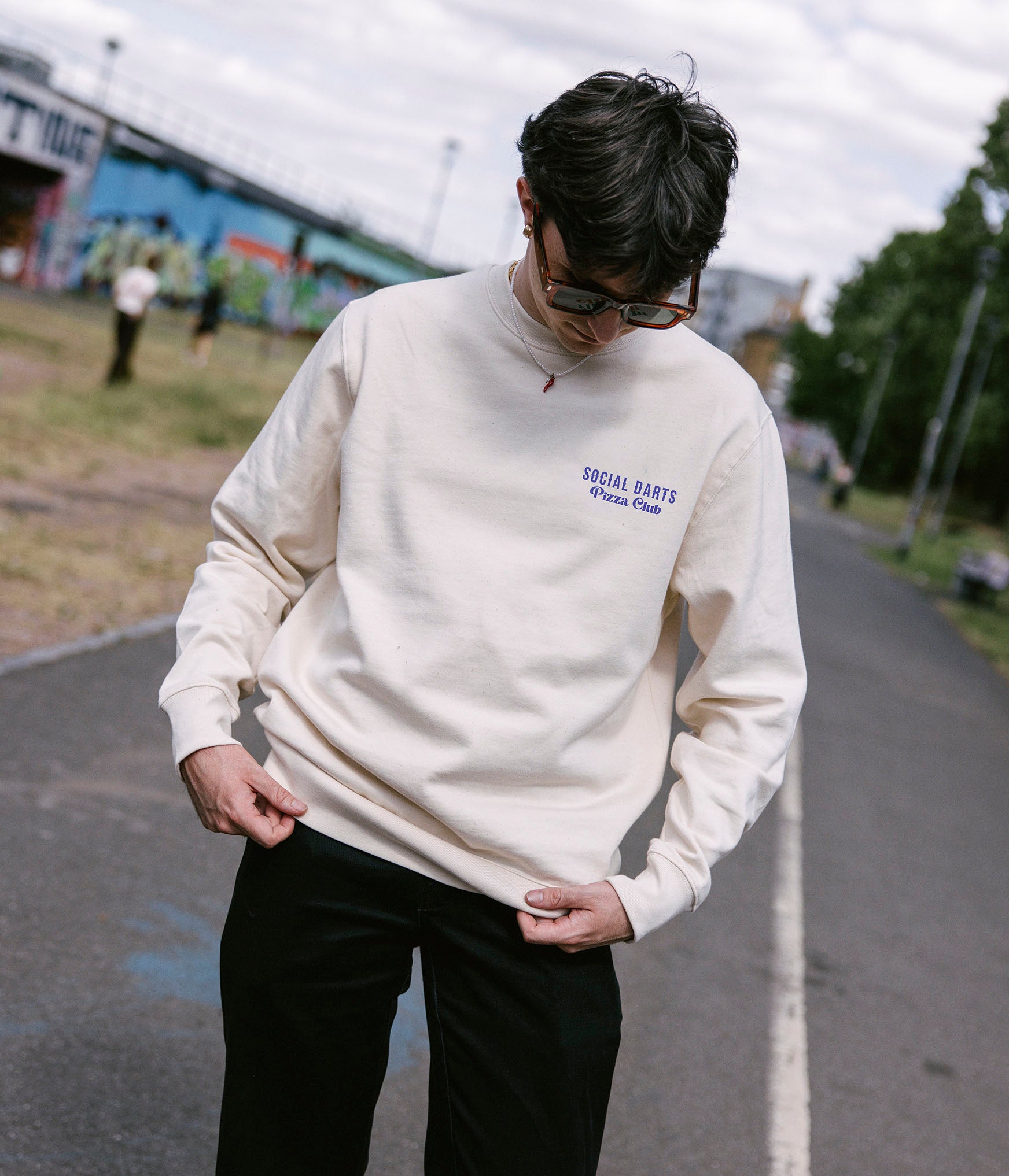 Vintage White Social Darts Pizza Club Long Sleeve Tee